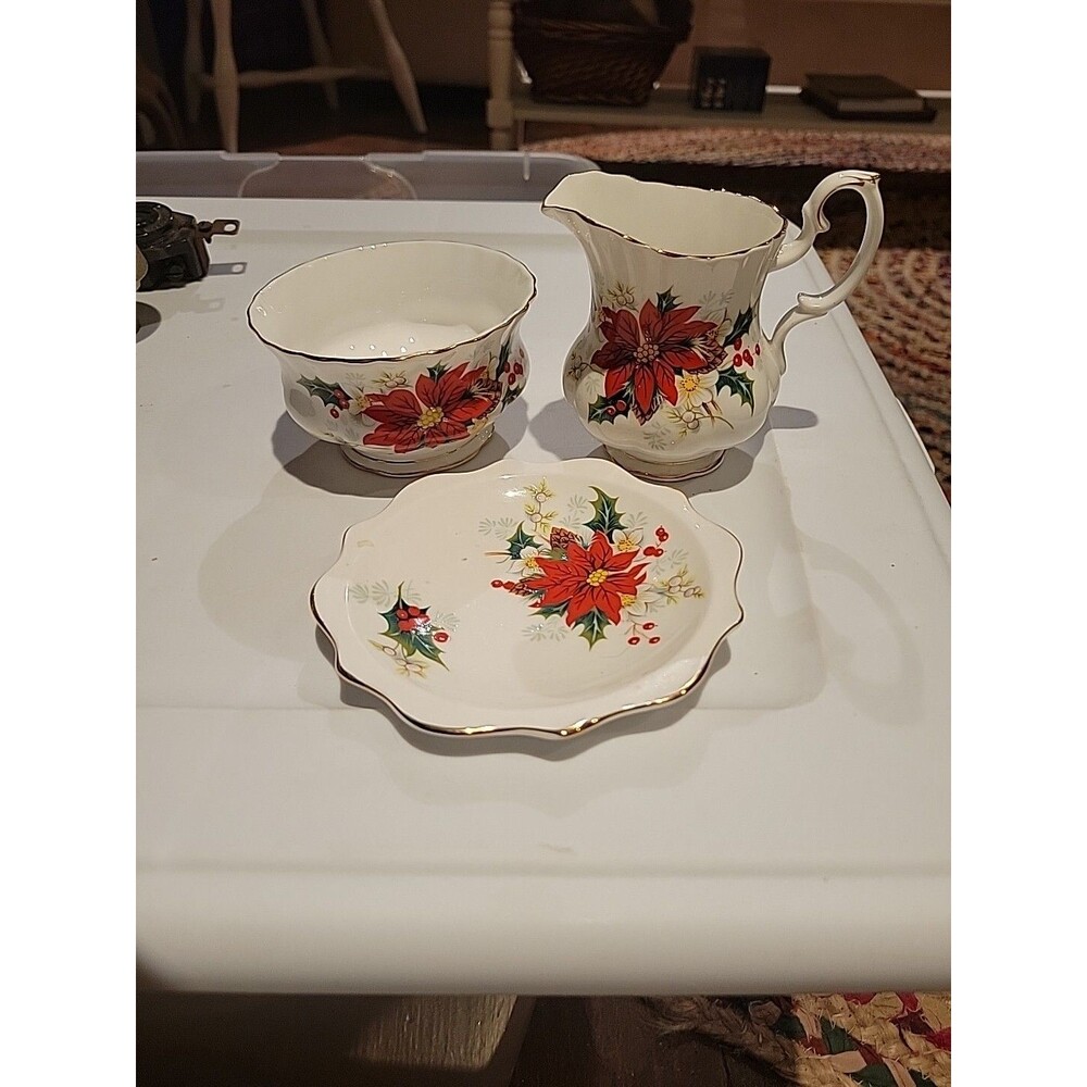 Vtg 3 Pieces- Royal Albert Yuletide Poinsettia Creamer Open Sugar Dish Christmas